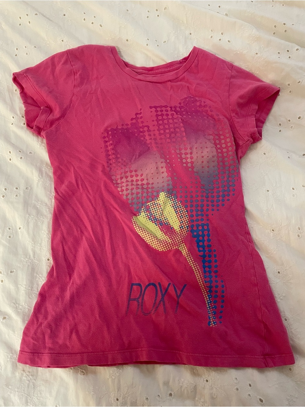 Roxy Pink Short-Sleeve Tee with Yellow & Blue Floral Dot Graphic
